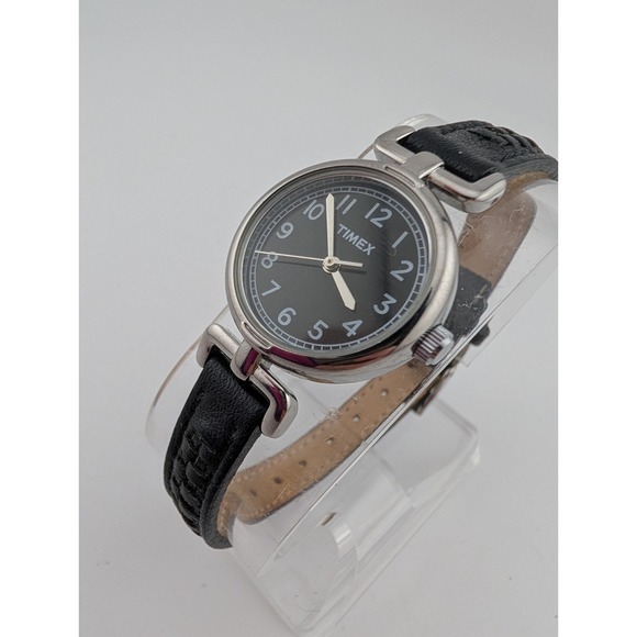 Timex Watch Women 25mm Silver Case Black Leather Band- New Battery - Picture 2 of 8